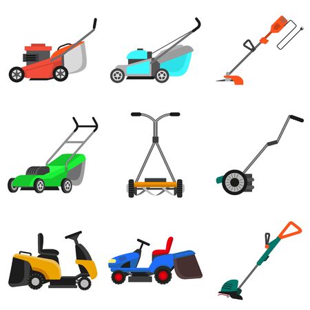 Lawnmower icons set. Flat set of lawnmower vector icons for web designのイラスト素材