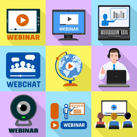 Webinar icons set. Flat set of webinar vector icons for web designのイラスト素材