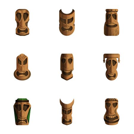 Tiki idols icon set. Cartoon set of 9 tiki idols vector icons for web design isolated on white backgroundのイラスト素材
