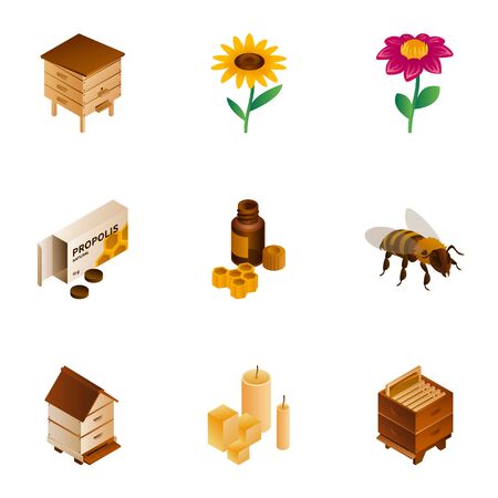 Honey icon set. Isometric set of 9 honey vector icons for web design isolated on white backgroundのイラスト素材
