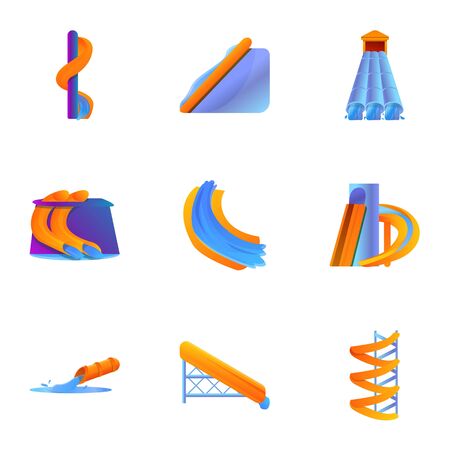 Aquapark icon set. Cartoon set of 9 aquapark vector icons for web design isolated on white backgroundのイラスト素材
