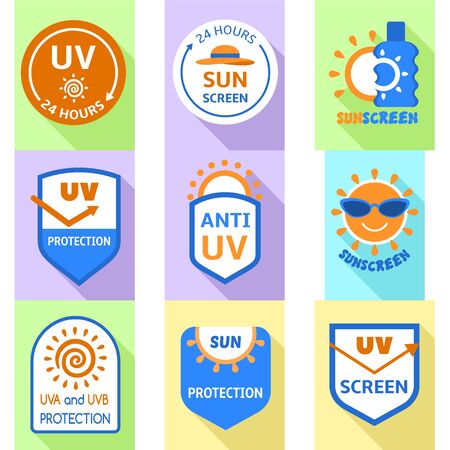 Sunscreen logo set. Flat set of 9 sunscreen vector logo for web design isolated on white backgroundのイラスト素材
