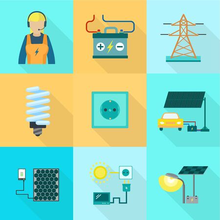 Electric icon set. Flat set of 9 electric vector icons for web design isolated on white backgroundのイラスト素材