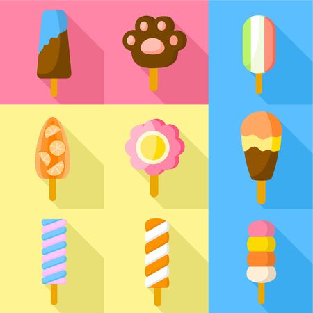 Ice cream icon set. Flat set of 9 ice cream vector icons for web design isolated on white backgroundのイラスト素材