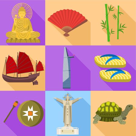 Vietnam landmark icon set. Flat set of 9 vietnam landmark vector icons for web design isolated on white backgroundのイラスト素材