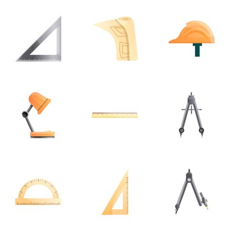 Architect equipment icon set. Cartoon set of 9 architect equipment vector icons for web design isolated on white backgroundのイラスト素材
