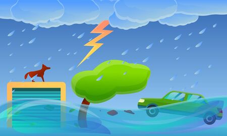 Village flood disaster concept banner. Cartoon illustration of village flood disaster vector concept banner for web designのイラスト素材