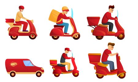 Food delivery service icons set. Cartoon set of food delivery service vector icons for web designのイラスト素材