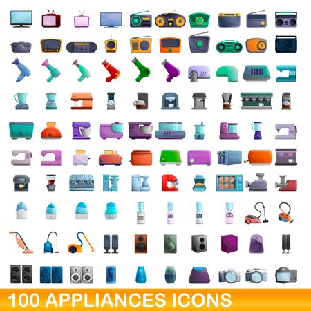100 appliances icons set. Cartoon illustration of 100 appliances icons vector set isolated on white backgroundのイラスト素材
