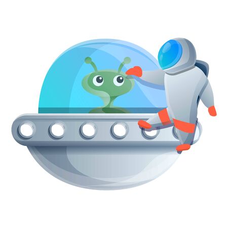 Astronaut near ufo spaceship icon. Cartoon of astronaut near ufo spaceship vector icon for web design isolated on white backgroundのイラスト素材