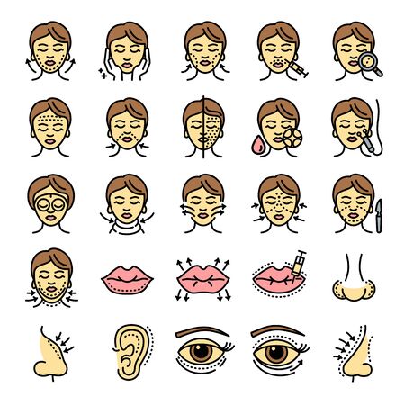 Lifting facial icons set. Outline set of lifting facial vector icons for web design isolated on white backgroundのイラスト素材