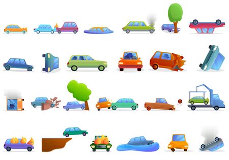 Car accident icons set. Cartoon set of car accident vector icons for web designのイラスト素材