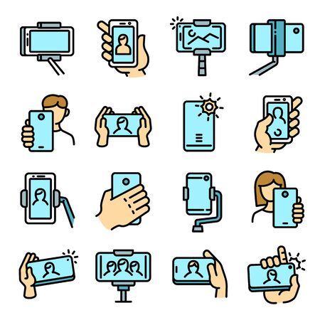 Selfie icons set. Outline set of selfie vector icons for web design isolated on white backgroundのイラスト素材