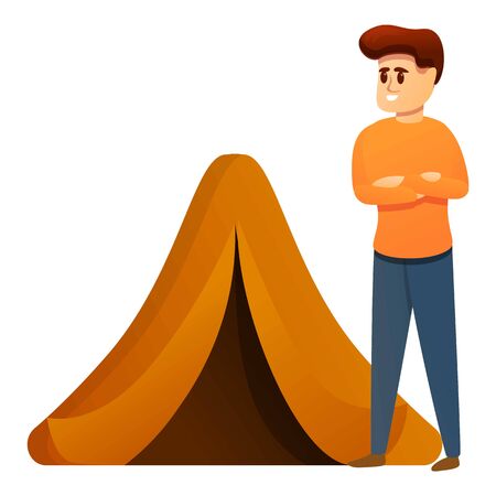Boy near tent icon. Cartoon of boy near tent vector icon for web design isolated on white backgroundのイラスト素材