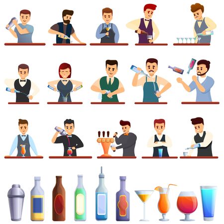 Bartender icons set. Cartoon set of bartender vector icons for web designのイラスト素材