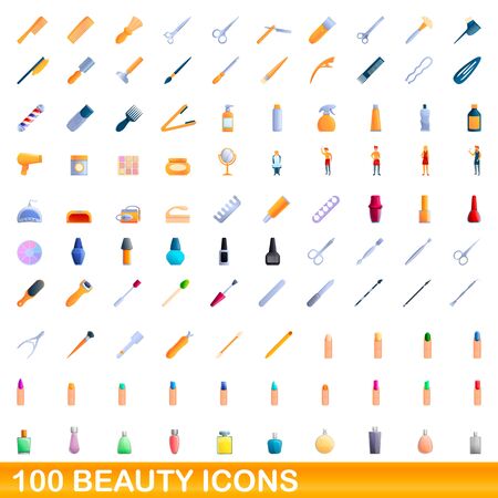 100 beauty icons set. Cartoon illustration of 100 beauty icons vector set isolated on white backgroundのイラスト素材