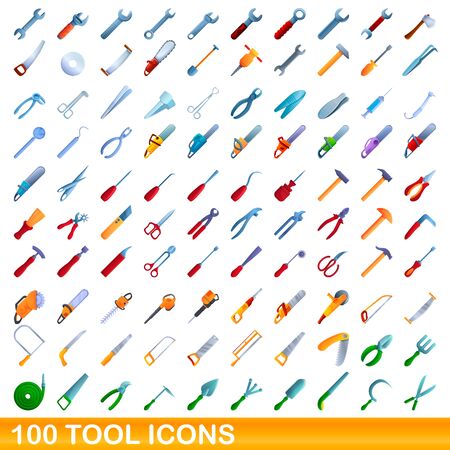 100 tool icons set. Cartoon illustration of 100 tool icons vector set isolated on white backgroundのイラスト素材