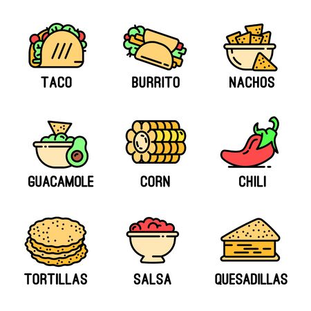 Mexican food icons set. Outline set of mexican food vector icons for web design isolated on white backgroundのイラスト素材