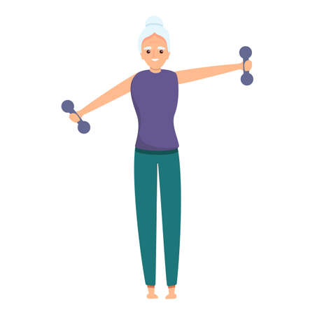 Senior woman with dumbbells icon. Cartoon of senior woman with dumbbells vector icon for web design isolated on white backgroundのイラスト素材