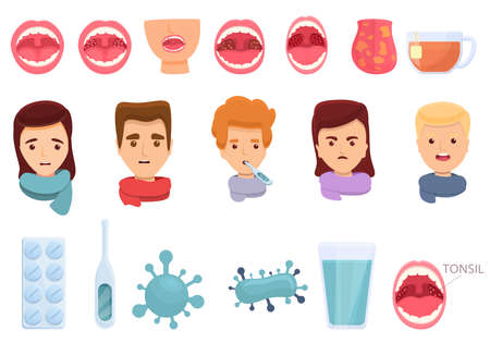 Tonsillitis icons set. Cartoon set of tonsillitis vector icons for web designのイラスト素材