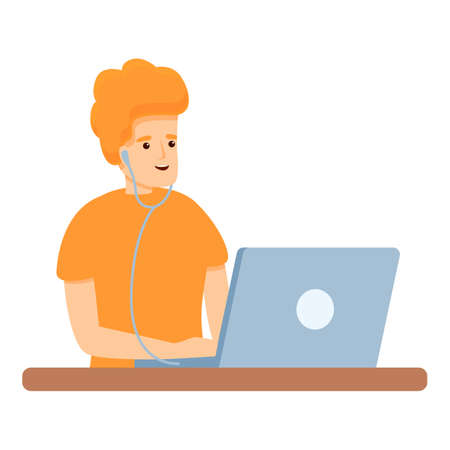 Boy podcast on laptop icon. Cartoon of boy podcast on laptop vector icon for web design isolated on white backgroundのイラスト素材