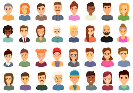 Smiling people icons set, cartoon styleのイラスト素材