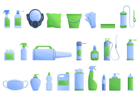 Disinfection icons set, cartoon style