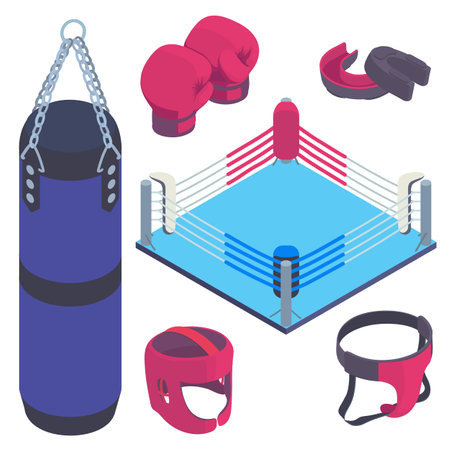Boxing icons set, isometric styleのイラスト素材