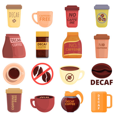 Decaffeinated coffee icons set, cartoon styleのイラスト素材