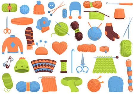 Knitting icons set, cartoon styleのイラスト素材
