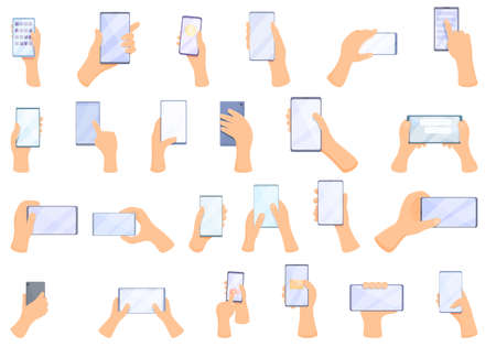 Hand holding phone icons set. Cartoon set of hand holding phone vector icons for web designのイラスト素材