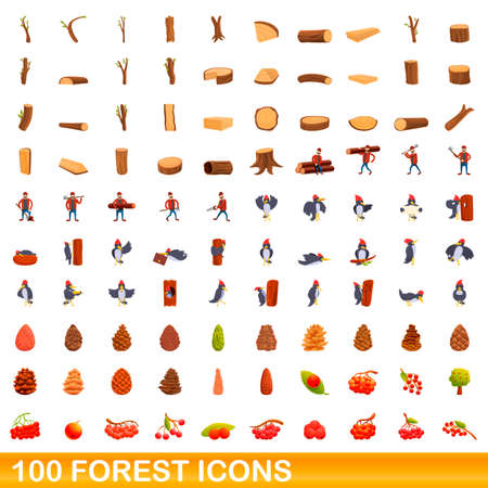 100 forest icons set. Cartoon illustration of 100 forest icons vector set isolated on white backgroundのイラスト素材