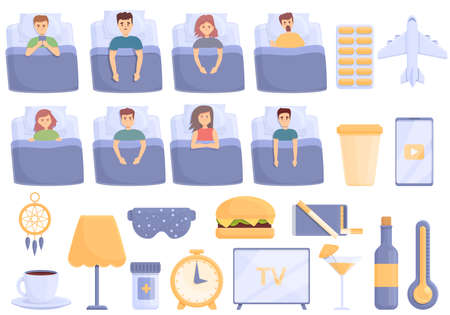 Sleep problems icons set cartoon vector. Sleep pillow and mask. Dream problemsのイラスト素材