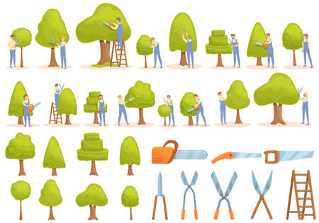 Tree trimming icons set cartoon vector. Tree chainsaw. Tree trimming workのイラスト素材