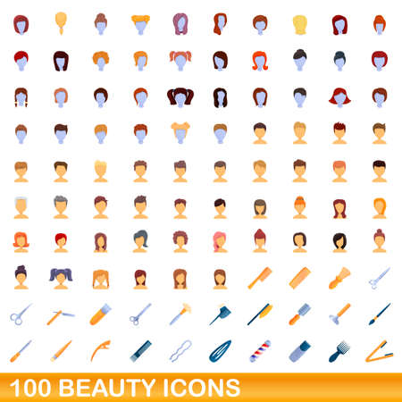 100 beauty icons set. Cartoon illustration of 100 beauty icons vector set isolated on white backgroundのイラスト素材