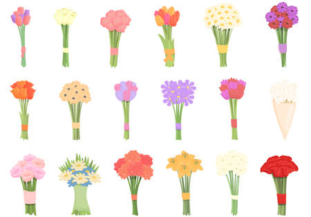 Bouquet icons set cartoon vector. Flower basket. Vase bunchのイラスト素材