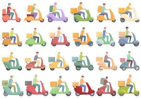 Courier on scooter icons set cartoon vector. Restaurant delivery. Lunch box courierのイラスト素材