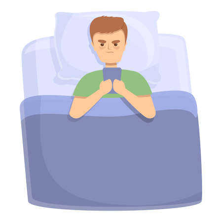 Boy phone insomnia icon cartoon vector. Night sleep. Bed troubleのイラスト素材