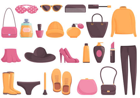 Womens magazine icons set cartoon vector. Beads handbag. Elegant braのイラスト素材