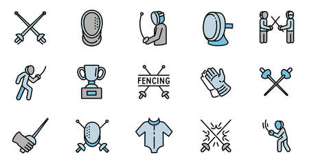 Fencing icons set outline vector. Sport fencer. Suit swordのイラスト素材