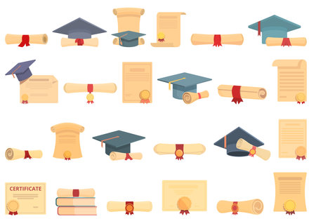 Graduation certificate icons set cartoon vector. Achievement award. Kid diplomaのイラスト素材