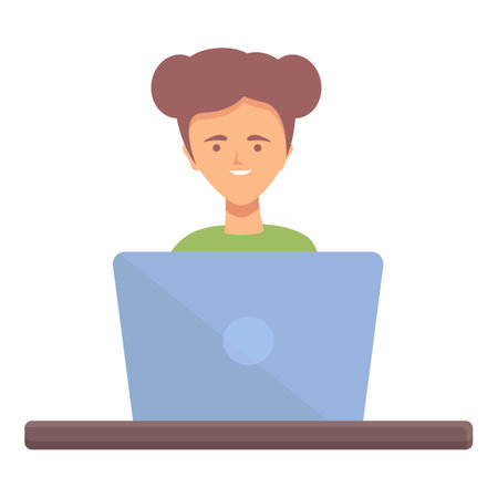 Girl learning icon cartoon vector. Computer child. Internet studyのイラスト素材