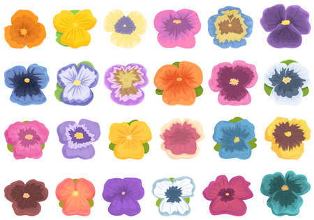 Pansy flower icons set cartoon vector. Floral blooms. Garden violaのイラスト素材