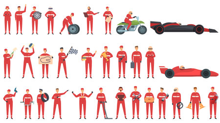 Racing team icons set cartoon vector. Stop car. Team tireのイラスト素材