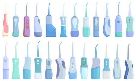 Irrigator for teeth icons set cartoon vector. Teeth water. Medical healthのイラスト素材
