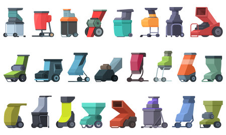 Garden shredder icons set cartoon vector. Wood tree. Work technologyのイラスト素材