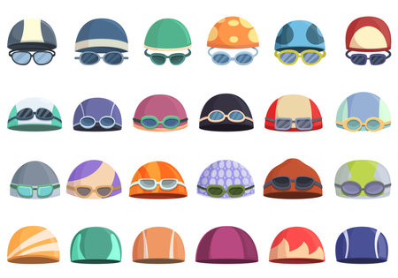 Swimming cap icons set cartoon vector. Pool swim. Water capのイラスト素材