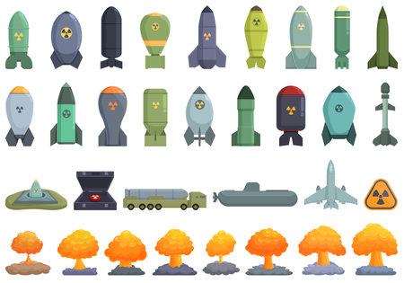Nuclear weapon icons set cartoon vector. Military ship. Army weaponのイラスト素材
