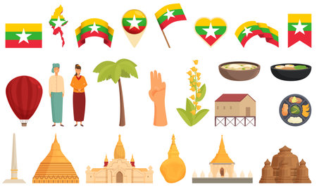 Myanmar icons set cartoon vector. Burma landmark. Yangon mapのイラスト素材