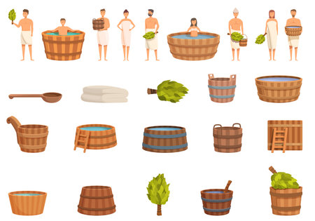 Bathing in Vat icons set cartoon vector. Wooden tub. Bath woodのイラスト素材